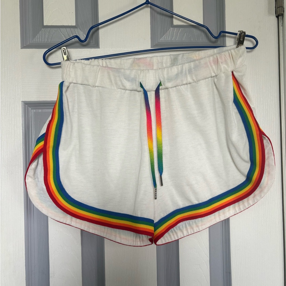 Women's White Rainbow Trim Shorts, Pride